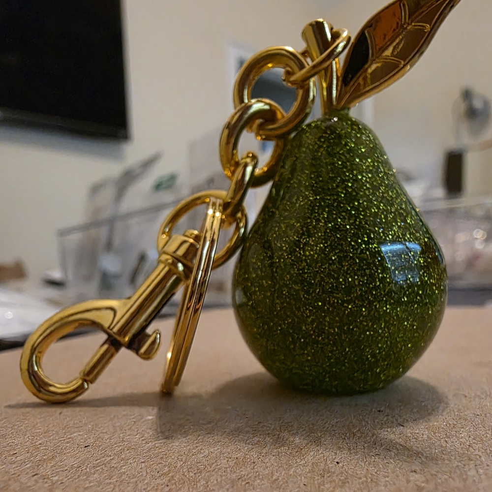 Glittery Green Pear Keychain with Gold Accents